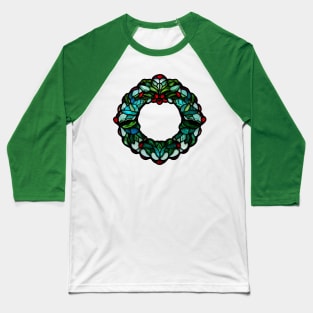 Stained Glass Christmas Wreath with Holly Baseball T-Shirt